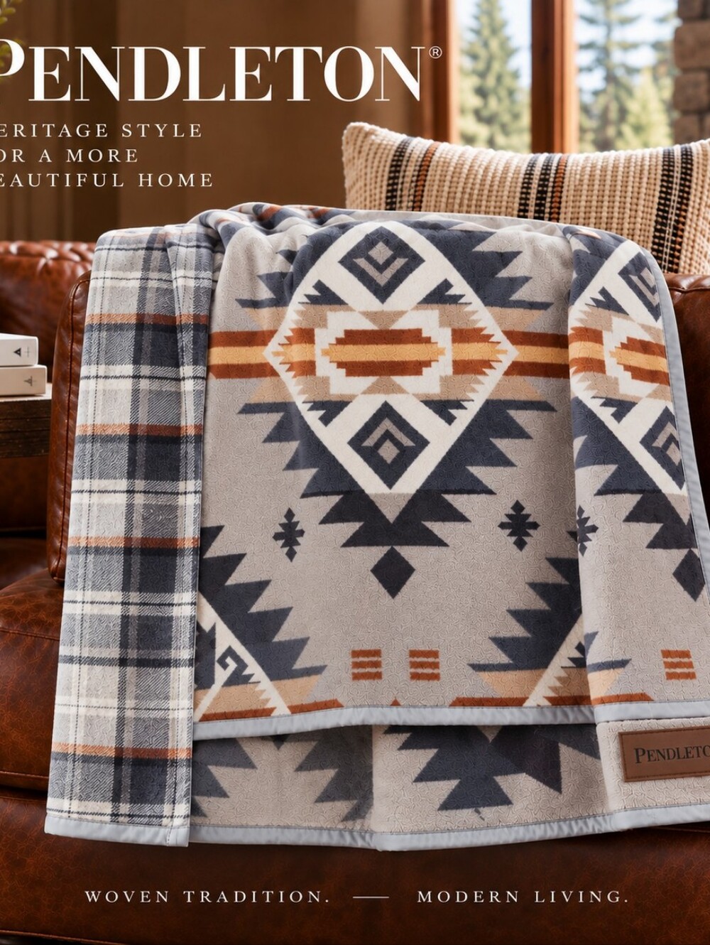 New Pendleton Throw Blanket Reversible Gray Geometric Print Home Fall Decor